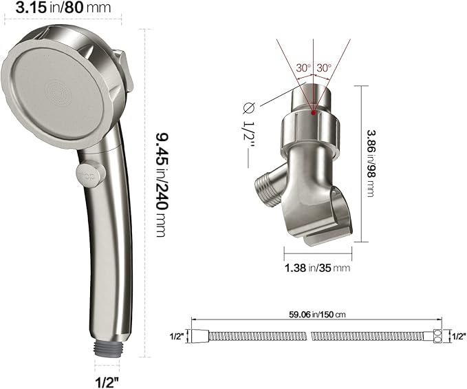 KAIYING Brushed Nickel High Pressure Handheld Shower Head with ON/OFF Switch, 3 Spray Modes, Adjustable Angle Bracket, and Hose