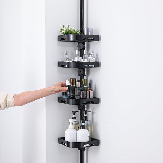 Tension Pole Shower Caddy Organizer with4 Tier L-Shaped Rust Resistant Bathroom Corner Shelves with 34-124 Inch Adjustable No Drilling Quick Install Shower Rack for Bath Essentials (Black)