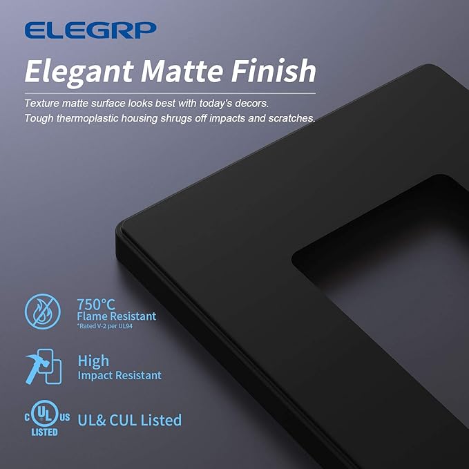 ELEGRP Matte Black 1-Gang Screwless Decorative Wall Plates, Standard Size Unbreakable Thermoplastic Faceplate Cover for Decorator Receptacle Outlet Switch, UL Listed (20 Pack)