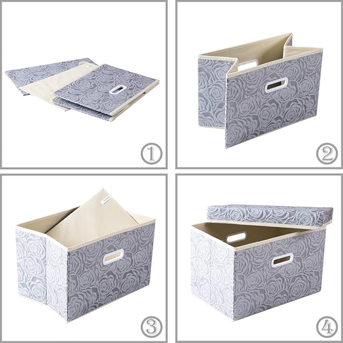 PRANDOM Collapsible Storage Boxes with Lids Fabric Decorative Storage Bins Cubes Organizer Containers Baskets with Cover Handles Divider for Bedroom Closet Living Room 14.9x9.8x9.8 Inch 3 Pack
