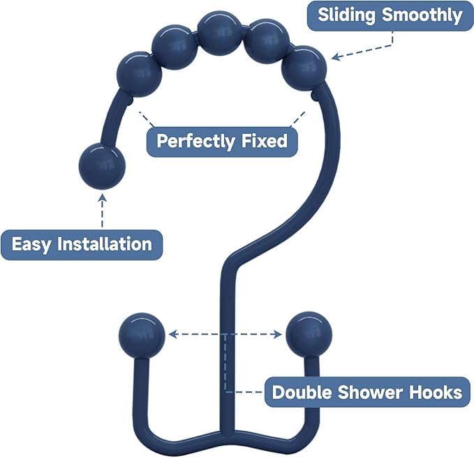 Titanker Shower Curtain Hooks Rings, Rust-Resistant Metal Double Glide Shower Hooks for Bathroom Shower Rods Curtains, Set of 12 Hooks - Navy Blue