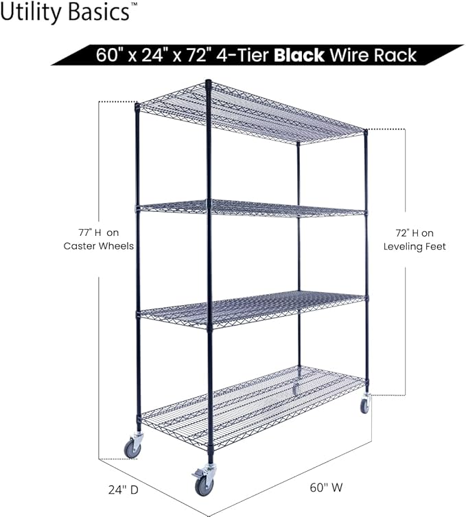 NSF Commercial 4-Tier Wire Shelving with Wheels, 60"x24"x72" Heavy Duty Metal Shelves 3200 lbs Max Capacity, Black Storage Rack for Garage Kitchen Pantry Warehouse