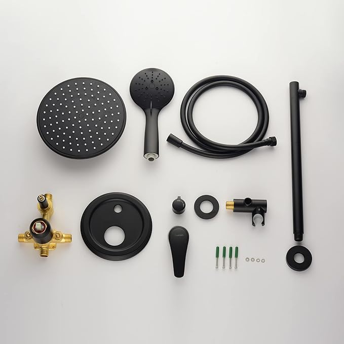 SHAMANDA Shower Faucet Set, Wall Mounted Shower System with High Pressure 9" Rain Shower head and 5-Setting Handheld Shower Head(Pressure Balance Round-In Valve and Trim Included), Matte Black, L01-7