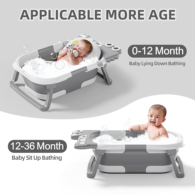 TPN Collapsible Baby Bathtub, Baby Bath Tub with Soft Cushion & Real-Time Thermometer, Baby Bathtub Infant to Toddler Tub (0-36 Months), Portable Travel Baby Tubs for Newborns (Grey)