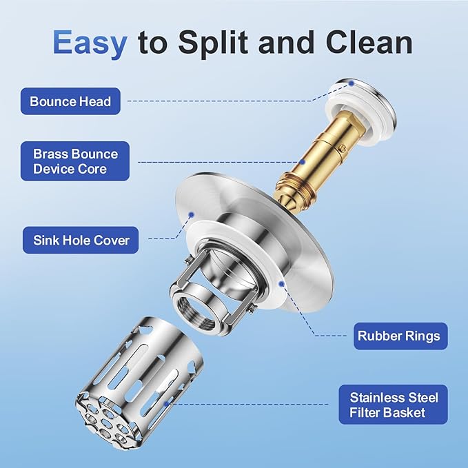 Bath Universal 2-in-1 Bathroom Sink Stopper, Pop-up with Anti-Clog Removable Stainless Steel Filter Basket DrainHair Stopper, Anti-Odor Stopper