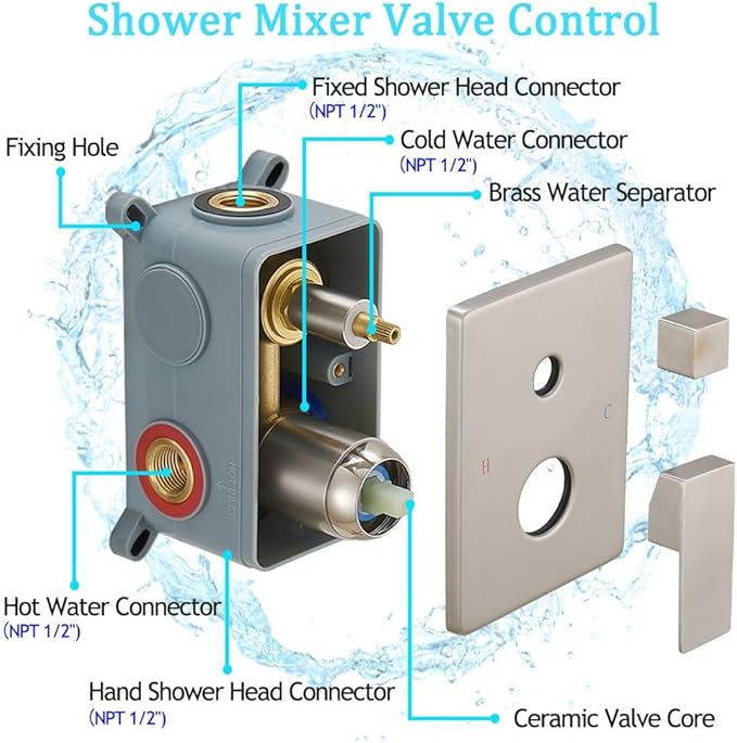 Shower Faucet Combo Set with Shower Spray Wand Large 12 Inch Shower Head Brushed Nickel Surface High Pressure with Rough-in Valve, Brushed Nickel