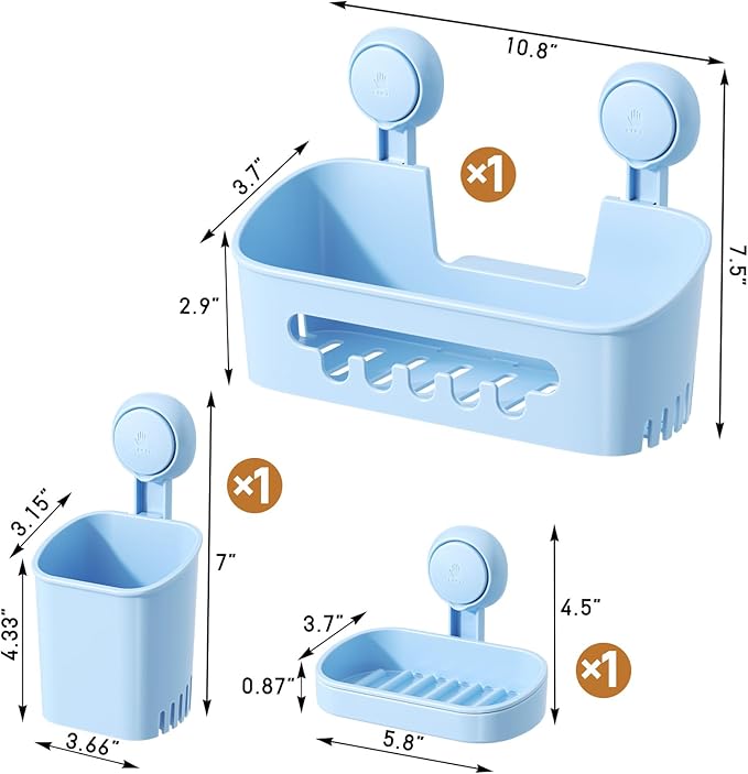 LEVERLOC Shower Caddy Suction Cup Set Shower Organizer & Soap Holder & Toothbrush Holder, Bathroom Shelf Basket NO-Drilling, Removable Suction Storage Waterproof Bathroom Caddy, Blue