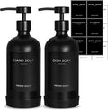 Black Glass Soap Dispenser with Stainless Steel Pump, 16.9 Fl oz Soap Dispenser Set for Kitchen, Matte Black Hand Dish Soap Dispensers for Kitchen and Bathroom, Lotion Dispenser Bathroom Decor