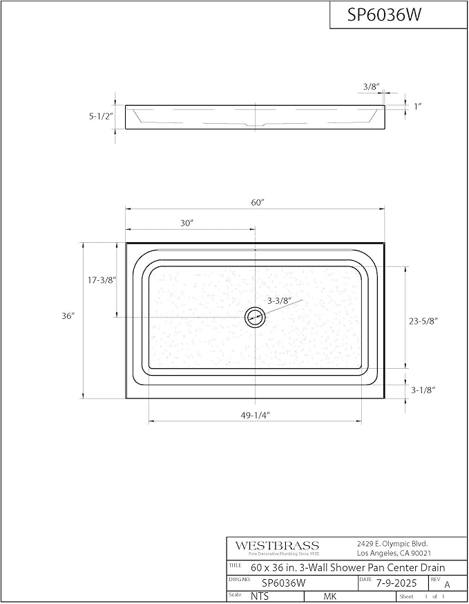Westbrass SP6036WB-26 60" x 36" 3-Wall Shower Pan with Solid Brass Center Drain and 4-1/4" Cross Grid Brass Drain Cover, Polished Chrome