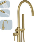 BESy Freestanding Bathtub Faucet Tub Filler Free Standing Floor Mount Stand Brass Bathroom Tub Faucets Sets with 2 Function Hand Sprayer Shower Wand Swivel Spout, Brushed Gold Finish