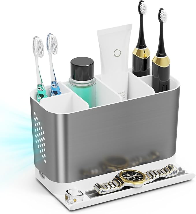 Bathroom Countertop Organizer with Front Ledge for Phone, Detachable Kids Toothbrush Holders with Cord Slots and Ring Holder, 6 Slots Toothbrush Toothpaste Holder with Drainage for Family