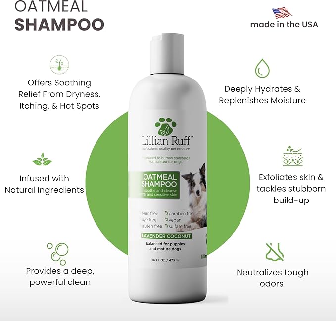 Lillian Ruff PRO Formula Deodorizing Oatmeal Dog Shampoo - Calms Itching & Allergies, Ultra-Nourishing Dry Skin Relief - Oatmeal, Aloe, Coconut Oil, Lavender & Provitamin B5 - Made in USA (16oz)