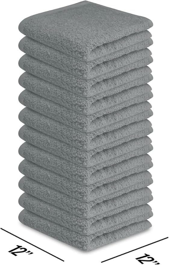 Softolle 100% Cotton Washcloths 60 Pack (12x12 Inches) Soft, Highly Absorbent Washcloth, Face Towels, Wash Cloths for Face, Ring Spun, Bulk Pack (Silver Grey)
