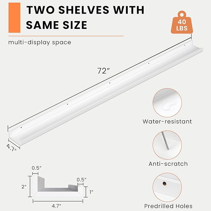 Heimlove Picture Ledge Shelf, Floating Shelves Set of 2, 72 Inches Long Large Picture Shelf for Wall with Ledge, Kids Bookshelf Wall Mounted for Living Room Bedroom Decor Books Photo Frames, White