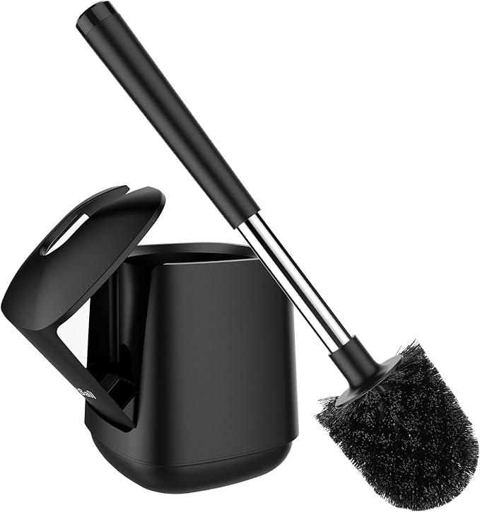 SetSail Toilet Brush and Holder, Self Closing Lid Toilet Bowl Brushes Holder and Extra Long Handle Ventilated Toilet Brush Set for Bathroom Cleaning, Nylon Bristles, Black