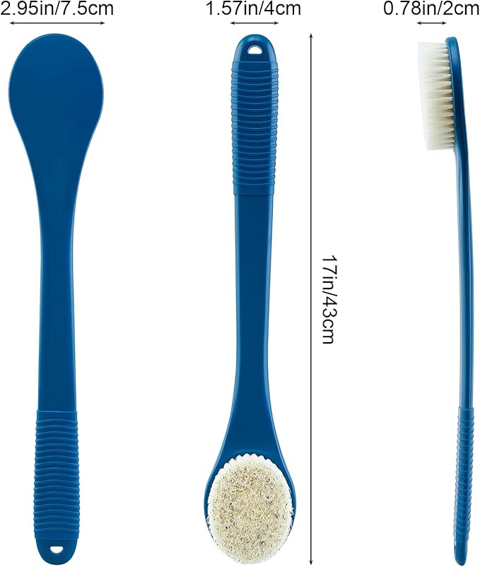 Back Scrubber for Shower, Shower Body Brush for Cleaning with Long Handle for Showering, 17 Inch Back Washer Exfoliator for Shower Men Women with Non-Slip Handle, Adhesive Hook (Navy Blue)