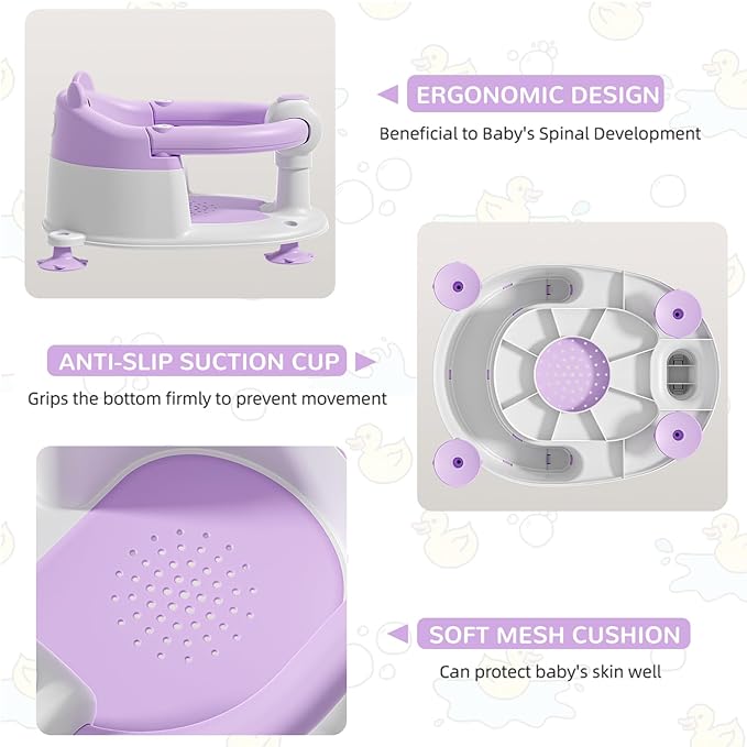 Baby Bath Seat for Babies 6 Months & up, Non-Slip Toddler Bath Seats for Babies Sitting Up, Safe Infant & Newborn Bathtub Chair with 4 Suction Cups & Soft Cushion for Shower,Lavender