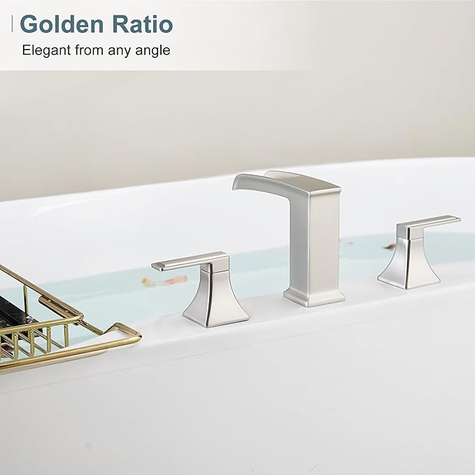 Waterfall Tub Faucet Brushed Nickel Bathtub Faucet 3 Hole, Brass High Pressure Bath Tub Faucet Set Deck Mount Roman Tub Faucets, Modern Tub Filler Bath Faucet for Tub with 2 Handles No Leaks