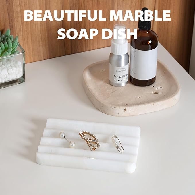 2 Pcs Soap Holder for Bathroom, Marble Soap Dish for Kitchen Countertop, Soap Tray with Creative Wavy Design, Soap Saver for Bath Tub, Sponges, African Natural Stone(Namib Bianco)
