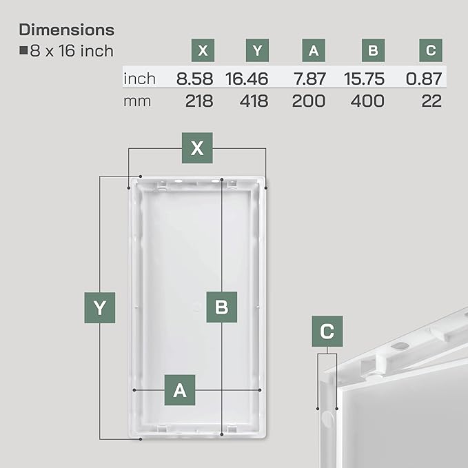 Vent Systems White ABS Plastic Access Panel 8 x 16 Inch (Opening) - Access Door for Drywall, Wall, Ceiling - Electrical, Plumbing Service Wall Hole Cover - Inspection Door - 8.6 x 16.5 Inch (Outer)