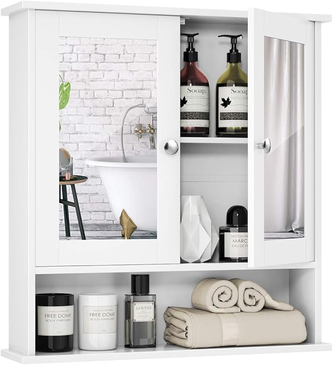 Tangkula Bathroom Medicine Cabinet with Mirror, Wall Mounted Wooden Hanging Organizer with Doors and Shelves, Bathroom Wall Mirror Cabinet (Mirror Doors, White)