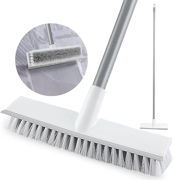 Floor Scrub Brush with Long Handle 54''- Stiff Bristle 2 in 1 Shower Scrubber with Squeegee Cleans Kitchen, Wall, Tile, Grout, Tub and Carpet, Brush Broom Scrubbing Garage, Patio Deck