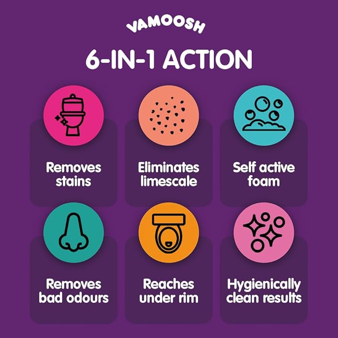 Vamoosh 6-in-1 Toilet Foaming Cleaner | Fast Foaming Action | Stays Active for 10 Minutes | Removes Stains | Eliminates Limescale & Removes Odor | Made in the UK | 100g (Pack of 6)