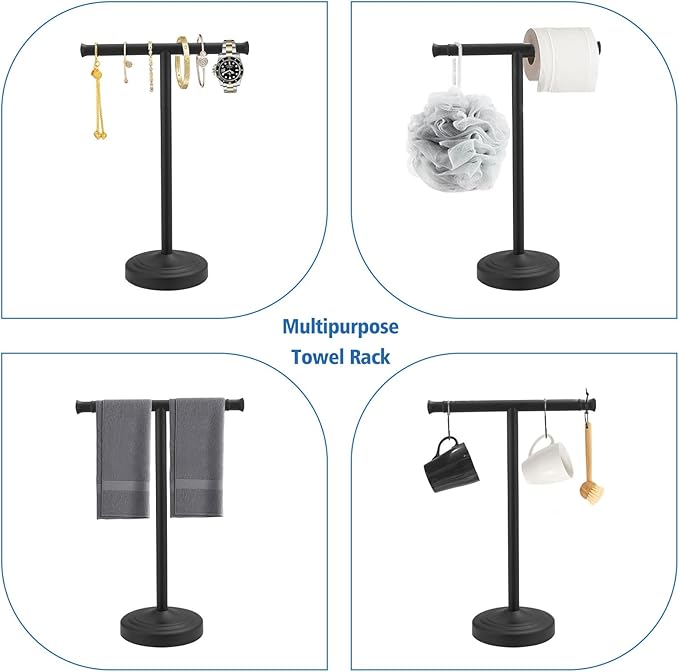 RUMOSE 13 Inch Matte Black Towel Stand Hand Towel Holder Bathroom Kitchen Vanity Countertop T-Shape Towel Rack Free Standing Stainless Steel Towel Bar Towel Ring