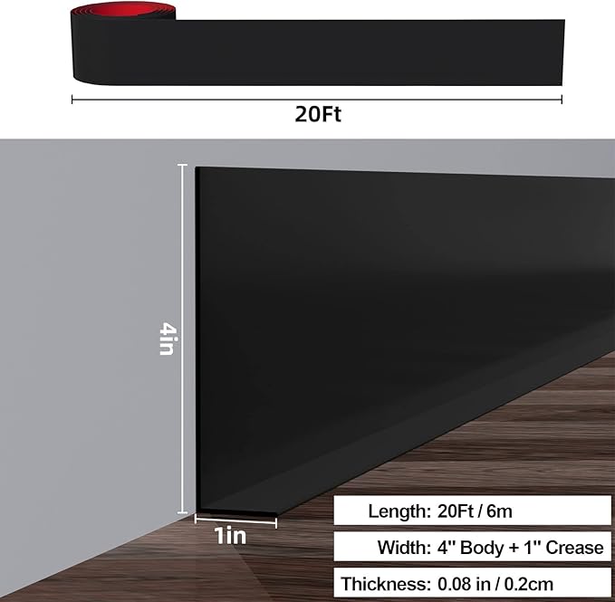 Duzzy Flexible Baseboard Molding Trim, 5 Inch(W) x 20 Feet(L) Peel and Stick Rubber Wall Trim Molding, Self-Adhesive Vinyl Wall Base Cove Base