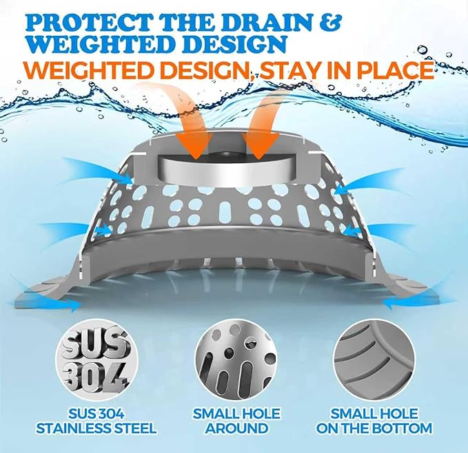 zaa Drain Hair Catcher - Bathtub Drain Cover, Hair Stopper for Bathtub Drain, 304 Stainless Steel Drain Protector and Hair Trap for Flat & Pop-up Drains, Silver Gray