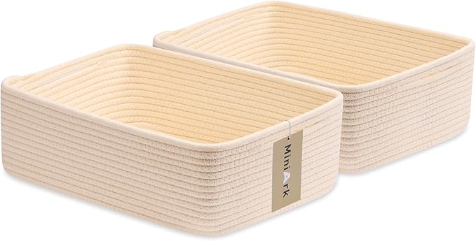 Large Shallow Organizing Baskets 15x11x5.1 Inches - Rope Woven Storage Bins for Bathroom, Shelves, Cube Closet, Beige 2 Packs