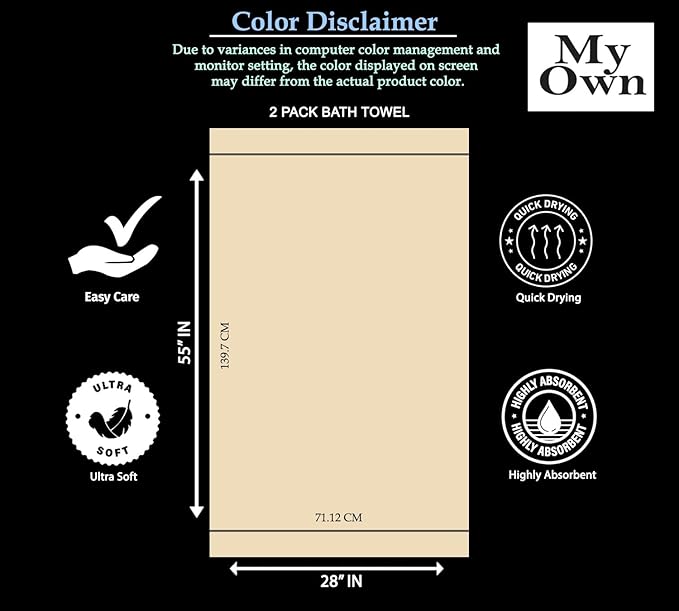 MyOwn Cotton 2 Pack Oversized Bath Towel Set 28x55 inches, Large Bath Towels, Ultra Absorbant Compact Quickdry & Lightweight Towel, Ideal for Gym Travel Camp Pool - Black