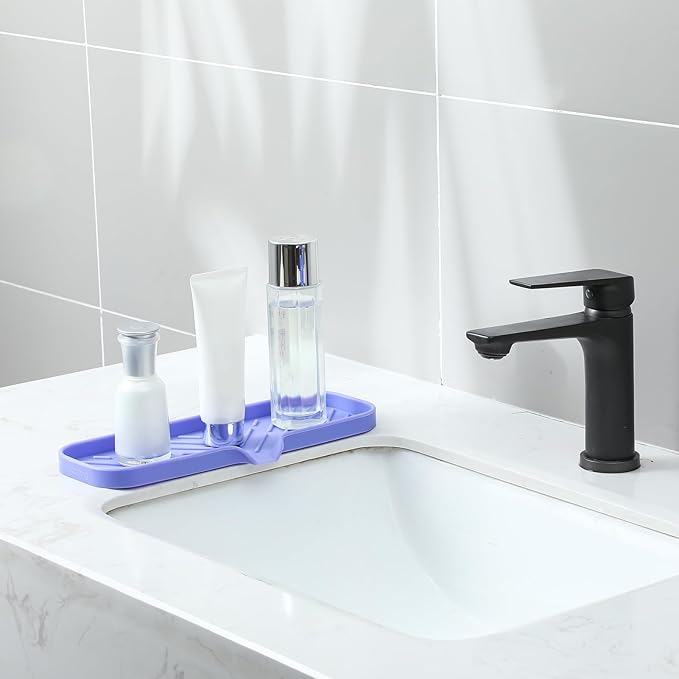 Silicone Bathroom Soap Dishes with Drain Spout-Bathroom and Kitchen Sink Organizer,Sponge Holder,Dish Soap Tray,Perfect for Dispenser,Scrubber,Bottle on Sink or Counter-Light Purple 12"×4"