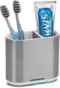Toothbrush and Toothpaste Holder with Divider for Bathroom Countertop Organizer, 2 Slots Electric Toothbrush Holders Storage Caddy Drainage for Family, Kids (Brushed Silver)