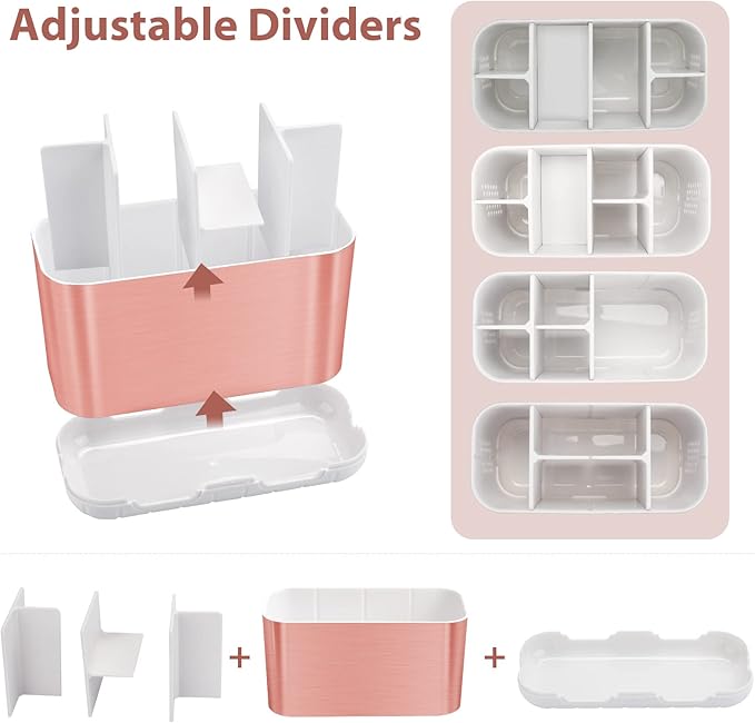 Boperzi Toothbrush Holders for Bathrooms Countertop, Electric Tooth Brush Holder with Adjustable Dividers, Detachable Anti-Slip Large Toothpaste Caddy Organizer Storage for Shower, Family, Kids, Pink