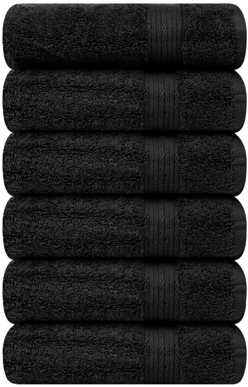Ample Decor Hand Towels for Bathroom 18 X 28 Inch 600 GSM 100% Cotton, Soft Absorbent - 6 Pcs Black