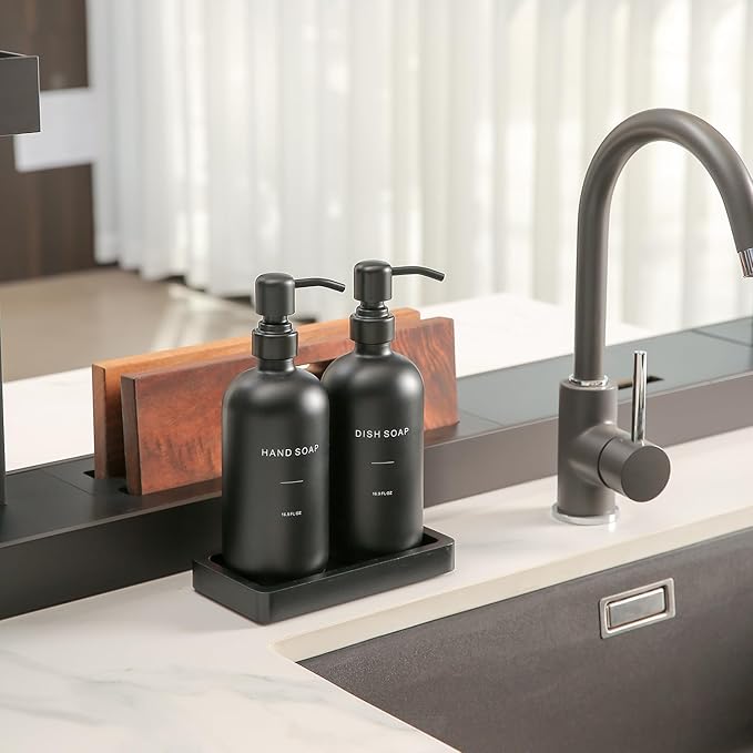 Matte Black Soap Dispenser Set, Kitchen Soap Dispenser Set with Black Stainless Steel Pump, Perfect for Kitchen Decor and Accessories. (Black)