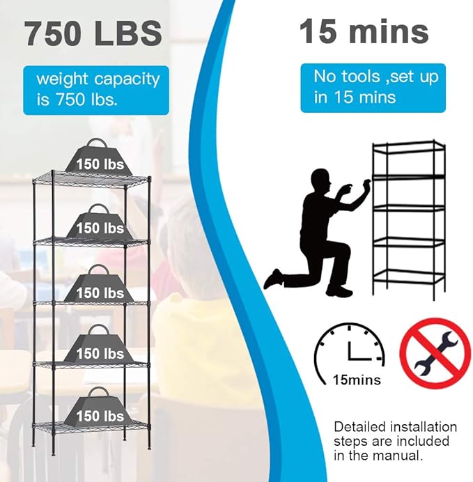 BestOffice | 5-Tier Wire Storage Shelves | 14x24x60 | Black | with Adjustable Racks | Heavy-Duty Metal Shelf, Holds Upto 750 lbs | No-Tool Assembly | Ideal for Home & Garage Shelving