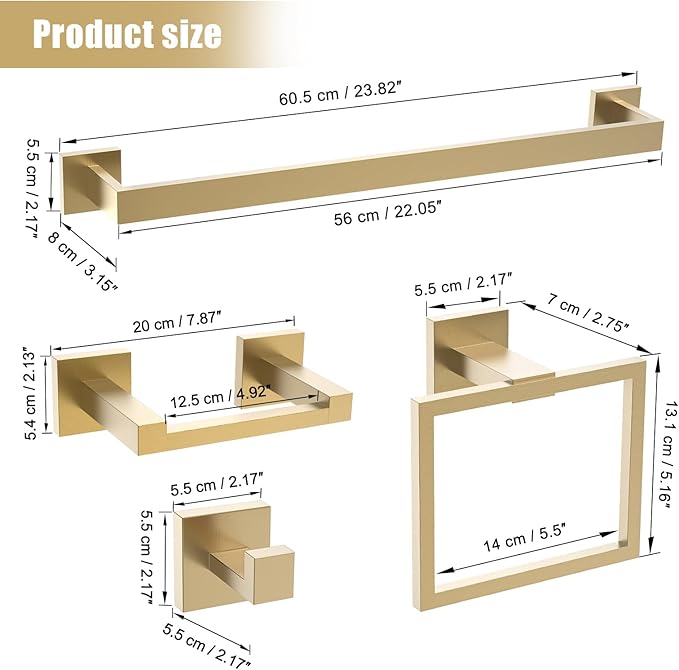 TQKAG Brushed Gold Bathroom Hardware Accessories Set 5 Pieces, Double Post Pivoting Toilet Paper Holder Set Stainless Steel Square Bathroom Towel Bar Holder Set Wall Mounted