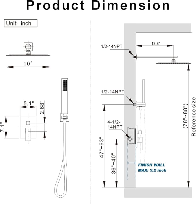 Gold Shower System, Shower Faucet Set with 10-Inch Rain Showerhead and Handheld Spray, Wall Mounted High-Pressure Showerhead Combo Set Included Valve and Trim, Brushed Gold