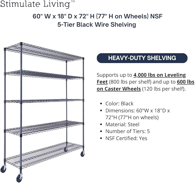 60"x18"x72" Prime Heavy Duty Black 5-Tier Wire Shelving NSF 4000 LBS MAX Capacity Storage Rack for Commercial, Hospital, School, Garage, and Kitchen Uses (with Wheels)