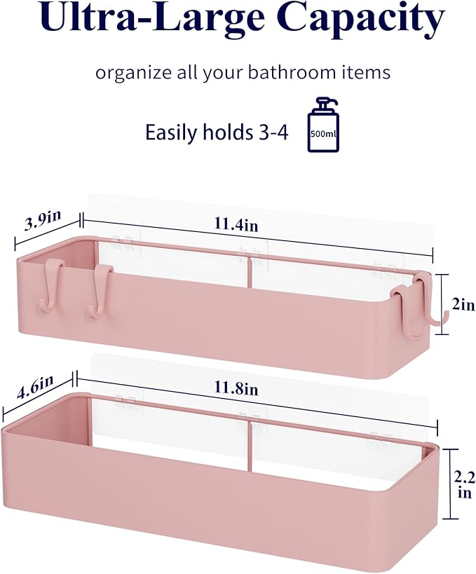 Kitsure Shower Caddy - 2 Pack Adhesive Shower Organizer, Rustproof Metal Shelves, No-Drill Bathroom Organizers and Storage, Pink, Large
