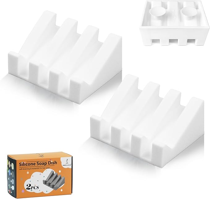 Silicone Soap Dish for Bar Soap Holder for Shower Bathroom Self Draining Waterfall Drying Tray Keep Soap Bars Dry Clean & Easy Cleaning (White, 2)