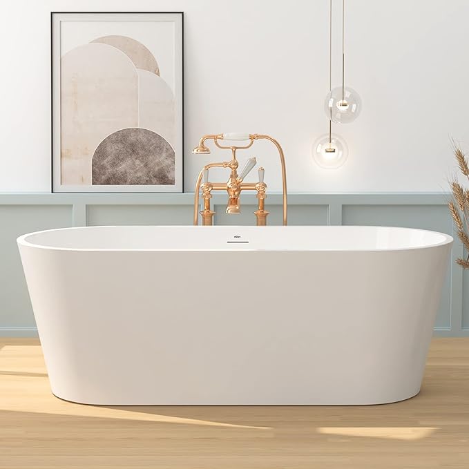 FerdY 67" Shangri-La Elite, Acrylic Freestanding Bathtub, Modern & Contemporary Design Soaking Tub with Brushed Nickel Pop-Up Drain and Minimalist Design Overflow, Glossy White, cUPC Certified