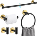 TQKAG Black and Gold Bathroom Accessory Set 5 Pieces, Round Stainless Steel Bath Towel Bar Set 23.6 Inch Towel Racks for Bathroom Wall Mounted