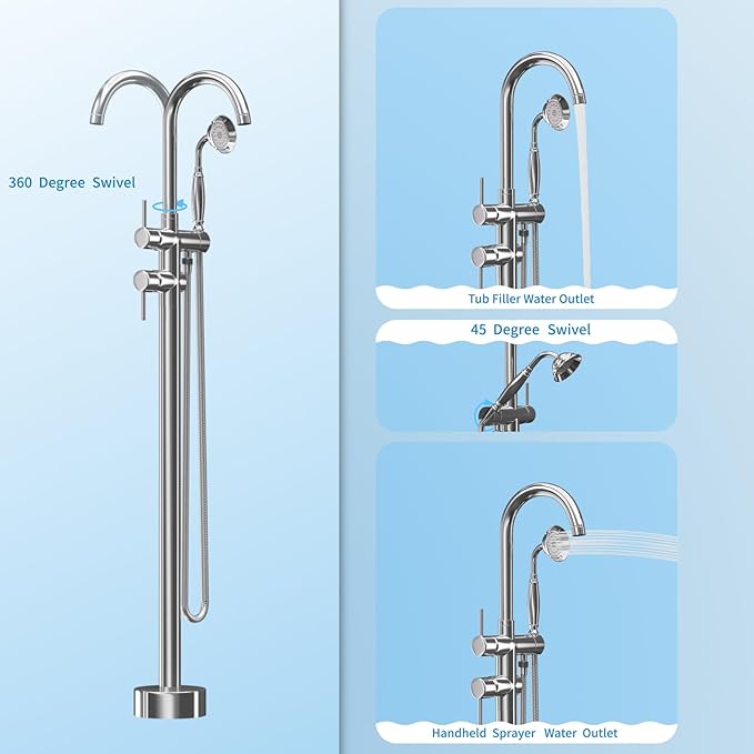 Freestanding Bathtub Faucet,Tub Filler Floor Mount Stand Bathtub Faucet Brass Bathroom Tub Faucets with 2 Function Telephone-Shape Handheld Shower Wand Swivel Polished Chrome