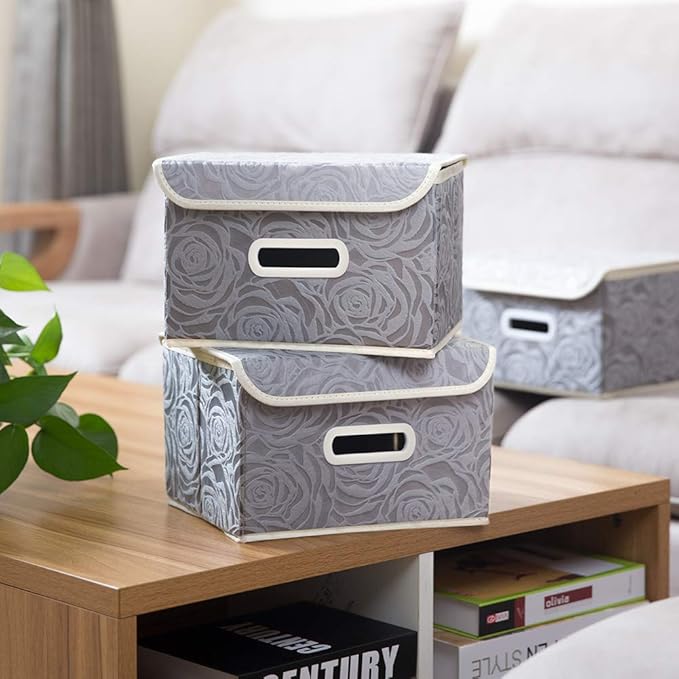 PRANDOM Stackable Storage Boxes with Lids [5-Pack] Fabric Decorative Storage Bins Cubes Organizer Containers Baskets with Cover Handles Divider for Bedroom Closet Living Room Grey 9.8x7.9x6.7 Inch