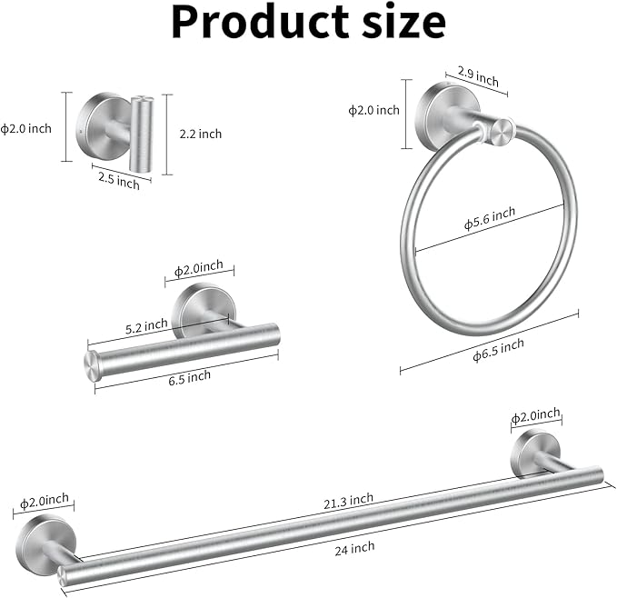 Cilee 8 Piece Brushed Nickel Bathroom Hardware Set, 24inch Bathroom Towel bar+Towel Ring+Toilet Paper Holder+ Robe Towel Hook, SUS304 Stainless Steel Bathroom Accessory Set