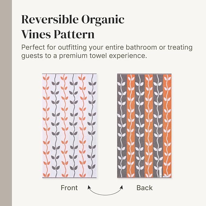 Modern Threads Organic Vines 6-Piece 100% Cotton Towel Set – Yarn Dyed Jacquard & Solid – Includes 2 Bath Towels, 2 Hand Towels, 2 Washcloths – Absorbent, Quick Dry, Soft & Durable – Orange