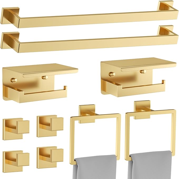 10 Pieces Brushed Gold Towel Bar Set Bathroom Hardware Accessories Set Upgraded Toilet Paper Holder Towel Holder/Racks Set for Bathroom Stainless Steel Wall Mounted 23.6in